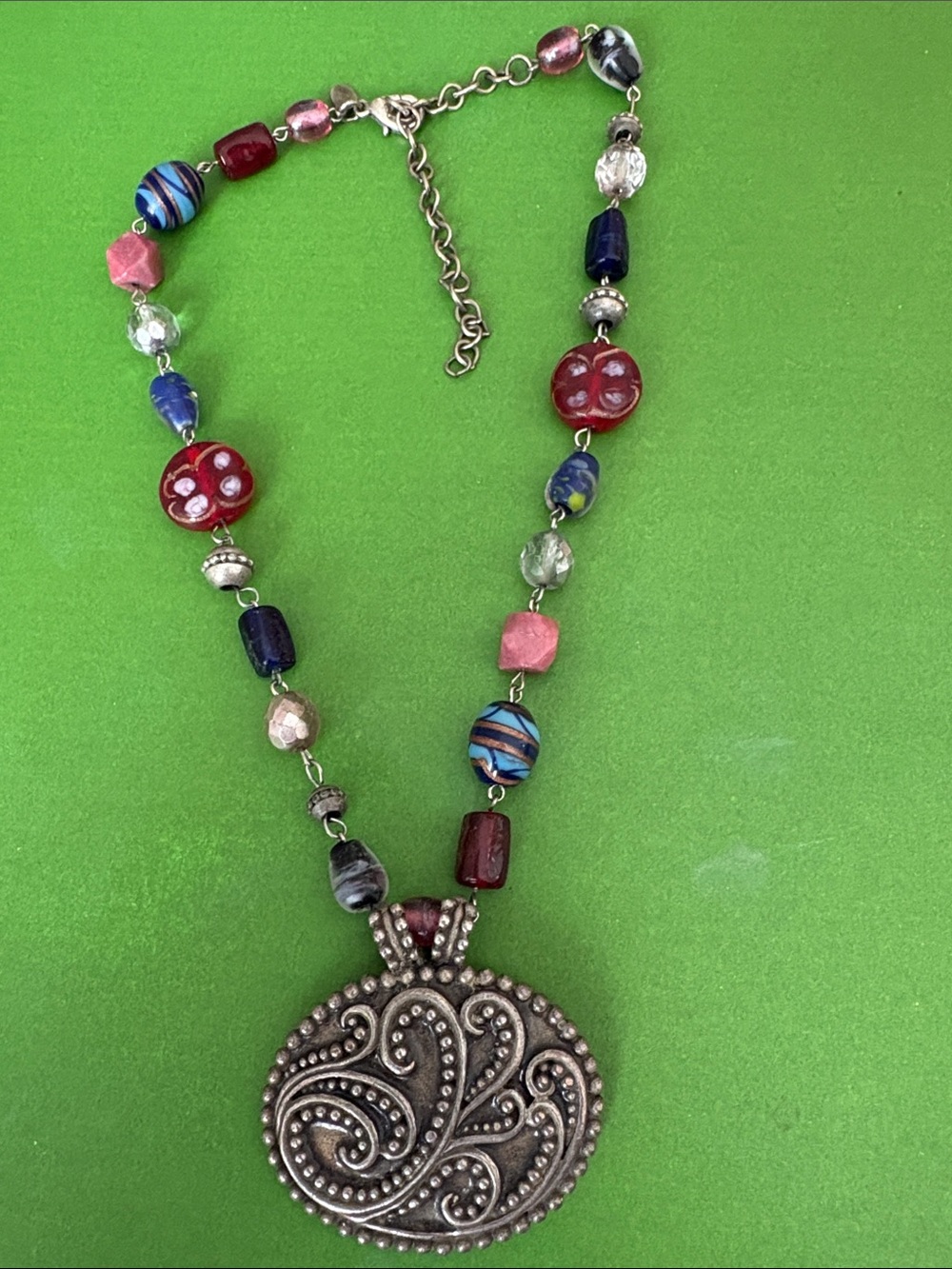 Chico's Multicolor Beaded Necklace with Silver-Tone Scroll Medallion
